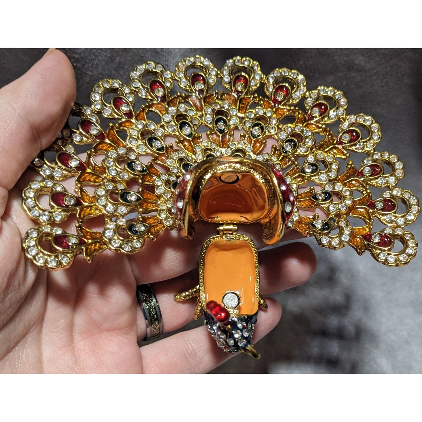 Vintage Metal Jeweled Peacock Trinket Box