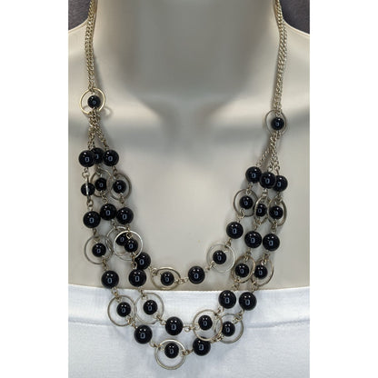 Geometric Goth Layered Black Bead & Silver-Tone Circle Necklace