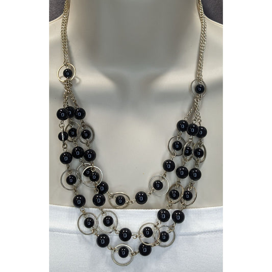Geometric Goth Layered Black Bead & Silver-Tone Circle Necklace