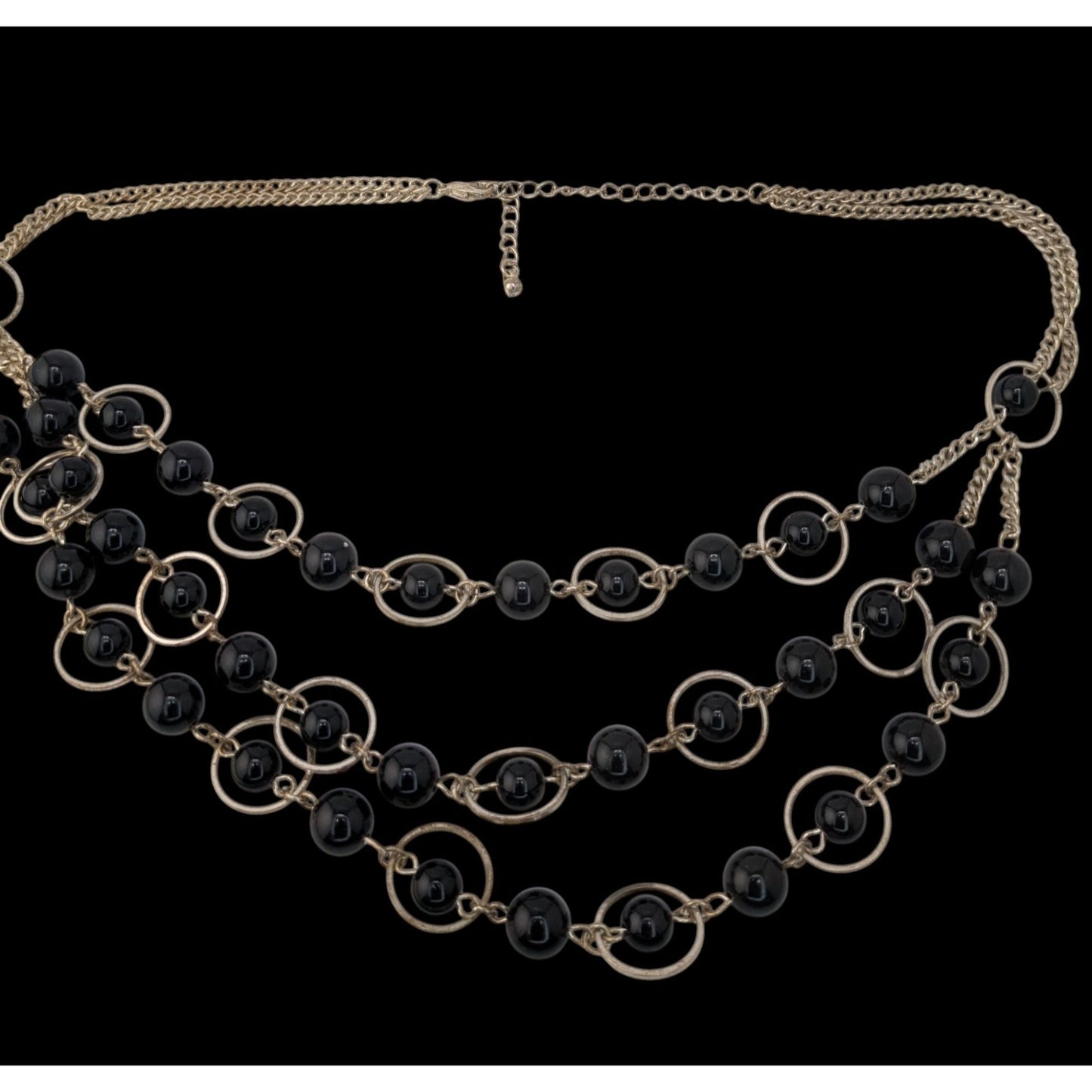 Geometric Goth Layered Black Bead & Silver-Tone Circle Necklace