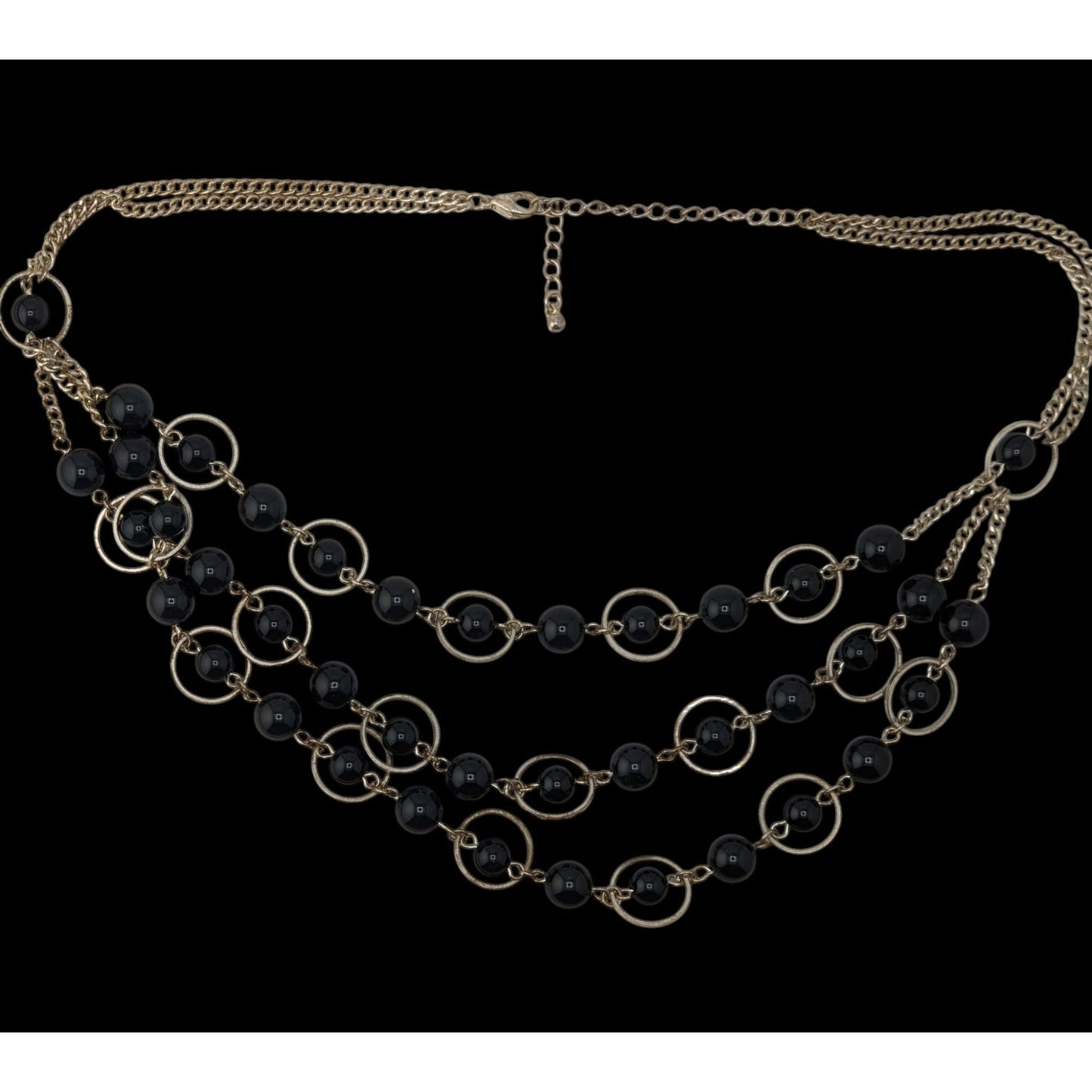 Geometric Goth Layered Black Bead & Silver-Tone Circle Necklace