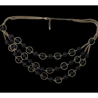 Geometric Goth Layered Black Bead & Silver-Tone Circle Necklace