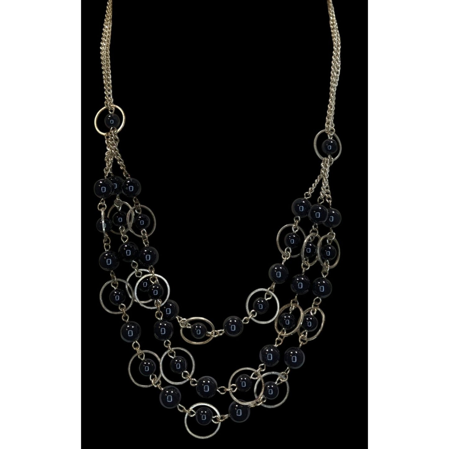 Geometric Goth Layered Black Bead & Silver-Tone Circle Necklace