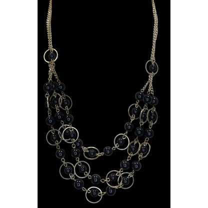 Geometric Goth Layered Black Bead & Silver-Tone Circle Necklace