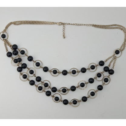 Geometric Goth Layered Black Bead & Silver-Tone Circle Necklace