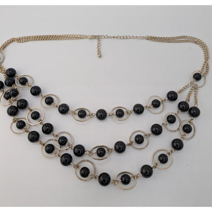 Geometric Goth Layered Black Bead & Silver-Tone Circle Necklace