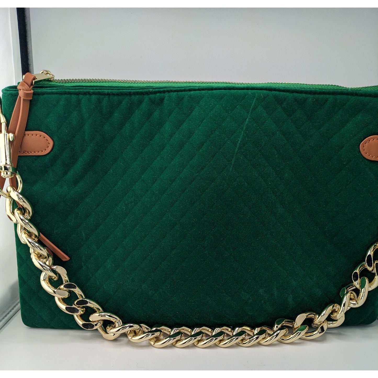 Thomas & Lee Company Quilted Green Velvet Shoulder Bag With Gold Chain Strap