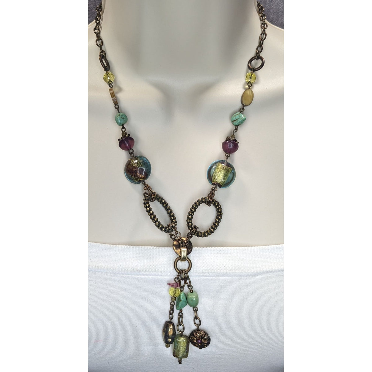 90s Boho Artisan Coldwater Creek Beaded Tassel Statement Necklace