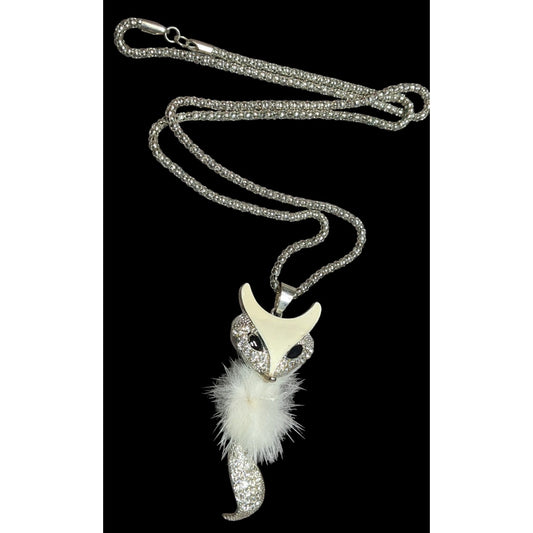Fox-Inspired Rhinestone Pendant Necklace With White Fluffy Accent On Silver Chain