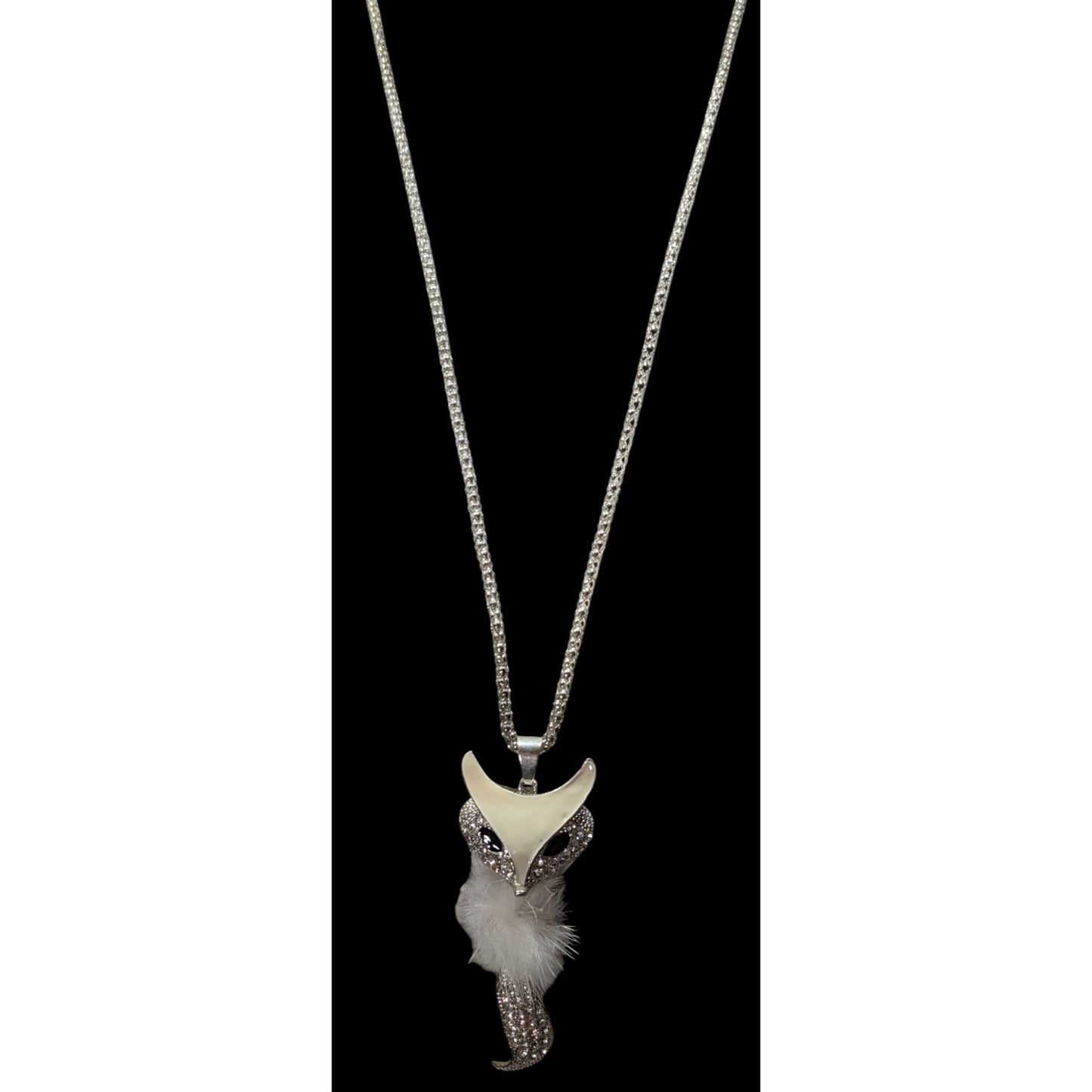Fox-Inspired Rhinestone Pendant Necklace With White Fluffy Accent On Silver Chain