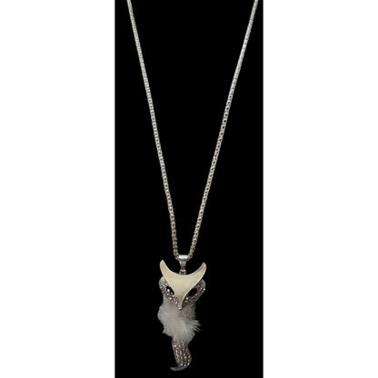 Fox-Inspired Rhinestone Pendant Necklace With White Fluffy Accent On Silver Chain