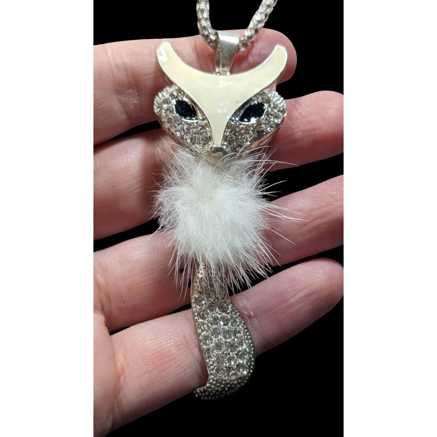 Fox-Inspired Rhinestone Pendant Necklace With White Fluffy Accent On Silver Chain