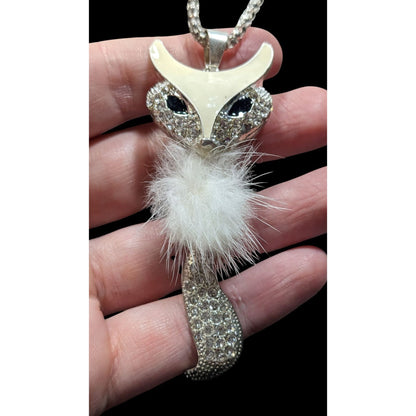 Fox-Inspired Rhinestone Pendant Necklace With White Fluffy Accent On Silver Chain
