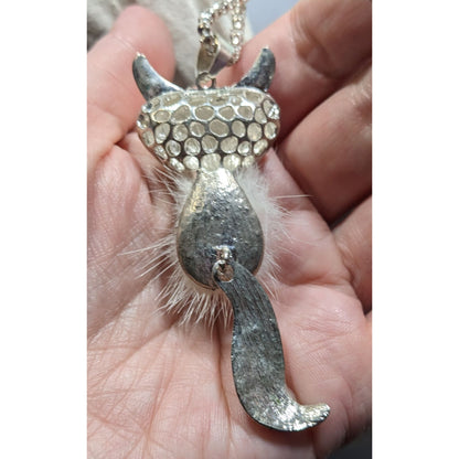 Fox-Inspired Rhinestone Pendant Necklace With White Fluffy Accent On Silver Chain