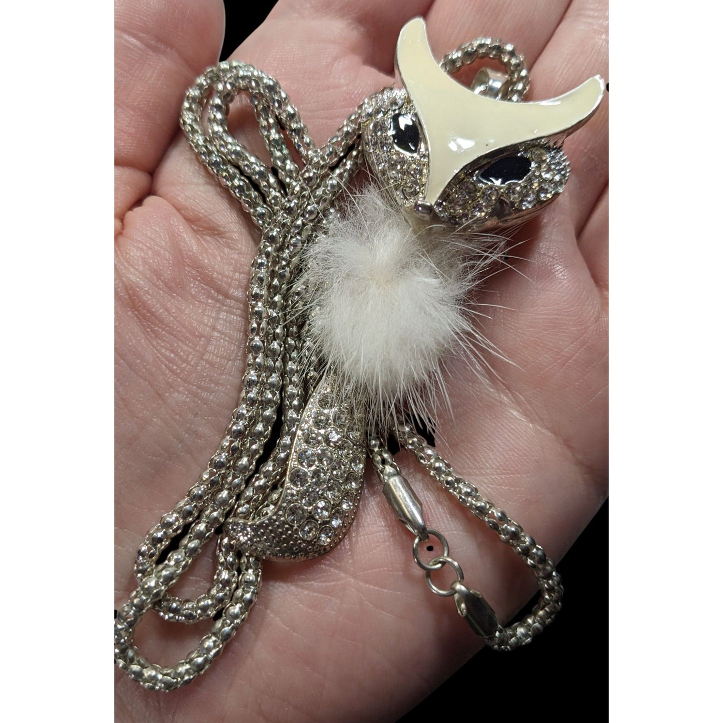 Fox-Inspired Rhinestone Pendant Necklace With White Fluffy Accent On Silver Chain