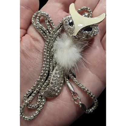 Fox-Inspired Rhinestone Pendant Necklace With White Fluffy Accent On Silver Chain