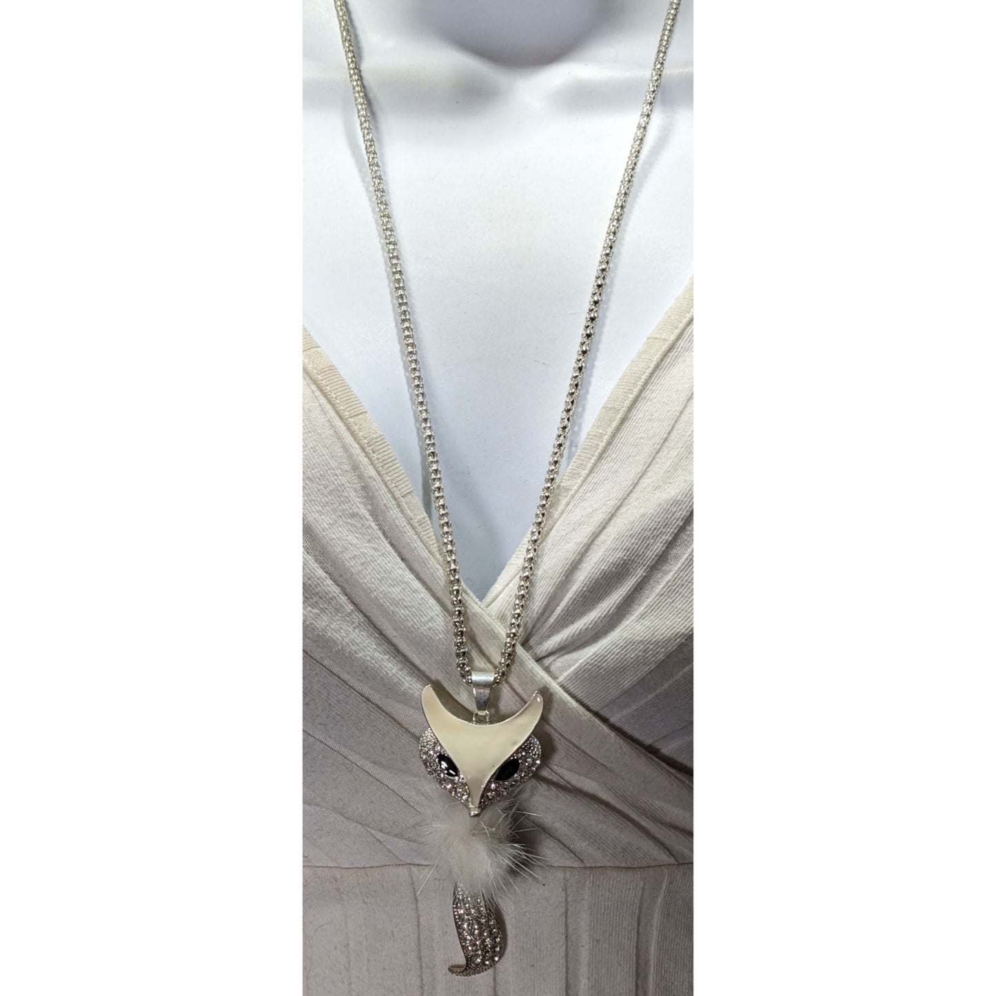 Fox-Inspired Rhinestone Pendant Necklace With White Fluffy Accent On Silver Chain