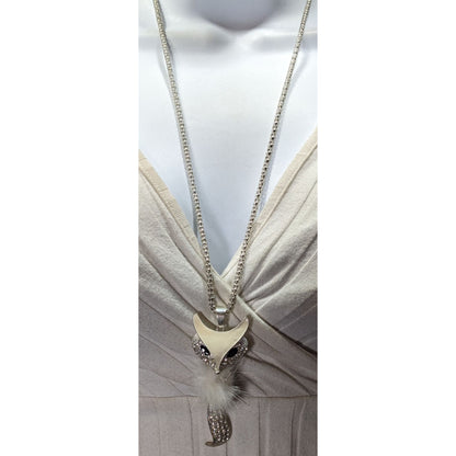 Fox-Inspired Rhinestone Pendant Necklace With White Fluffy Accent On Silver Chain
