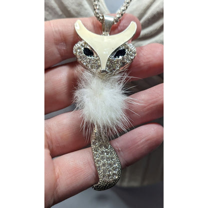 Fox-Inspired Rhinestone Pendant Necklace With White Fluffy Accent On Silver Chain