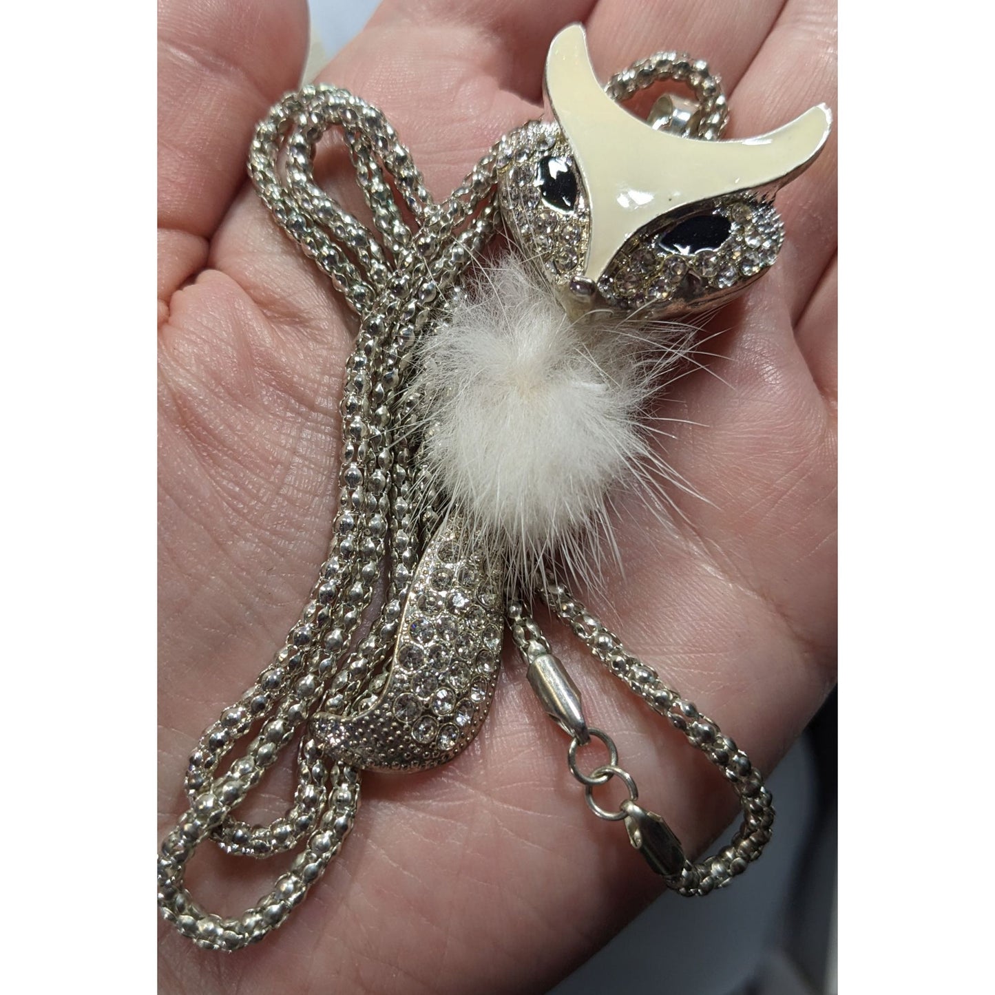 Fox-Inspired Rhinestone Pendant Necklace With White Fluffy Accent On Silver Chain