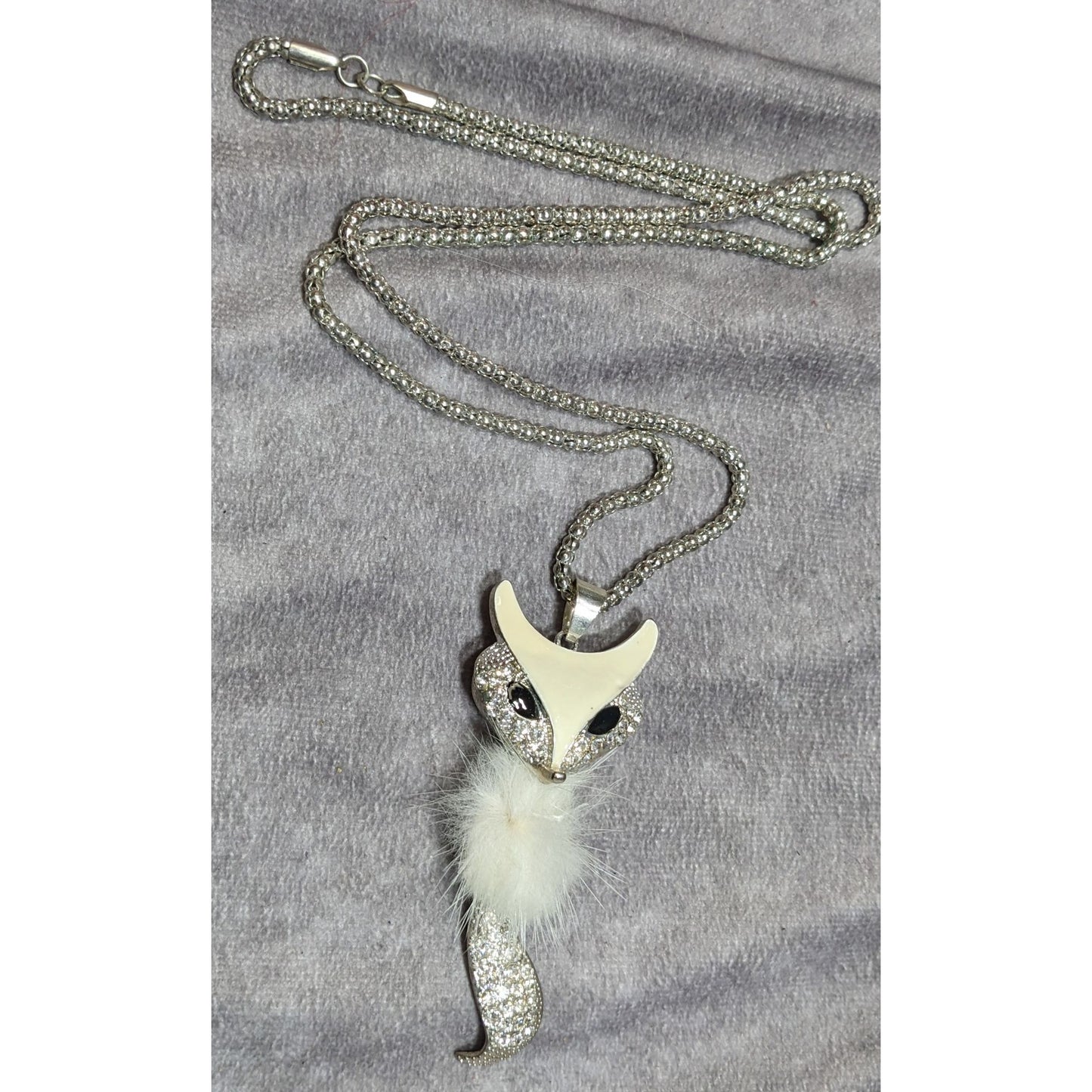 Fox-Inspired Rhinestone Pendant Necklace With White Fluffy Accent On Silver Chain