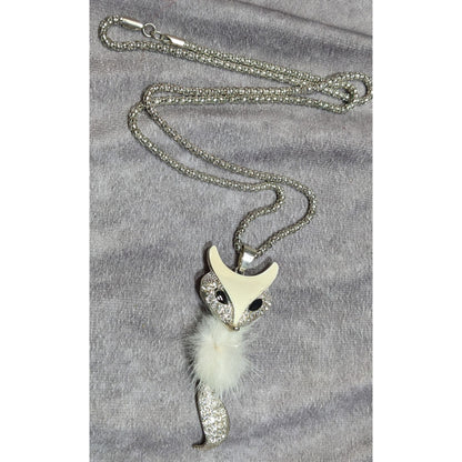 Fox-Inspired Rhinestone Pendant Necklace With White Fluffy Accent On Silver Chain