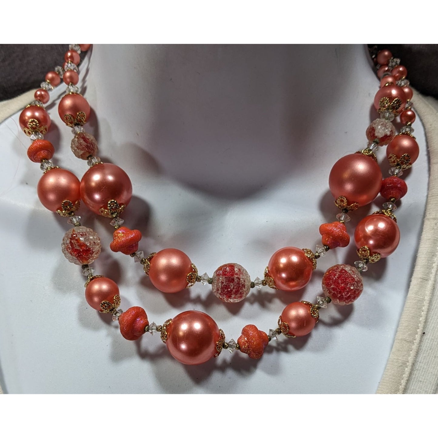 Vintage 1940s Rare Vendome Rose Pink Faux Pearl Layered Necklace
