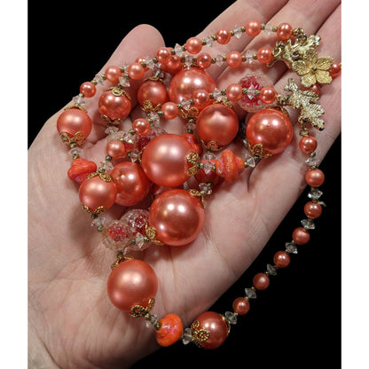 Vintage 1940s Rare Vendome Rose Pink Faux Pearl Layered Necklace