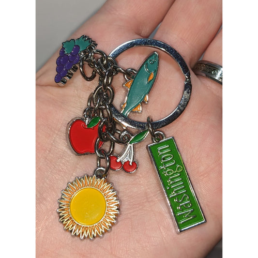 Washington Souvenir Keychain With Colorful Charms - Apple Sunflower Salmon Grapes Cherries Green State Tag