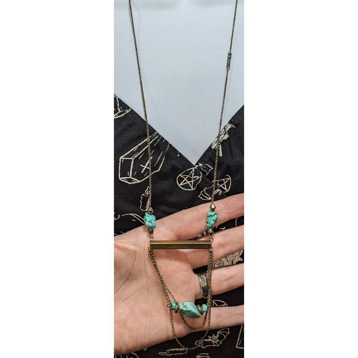 Handmade Boho Turquoise Style Stone Gold Tone Layered Bar Necklace 28 Inch