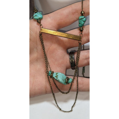 Handmade Boho Turquoise Style Stone Gold Tone Layered Bar Necklace 28 Inch