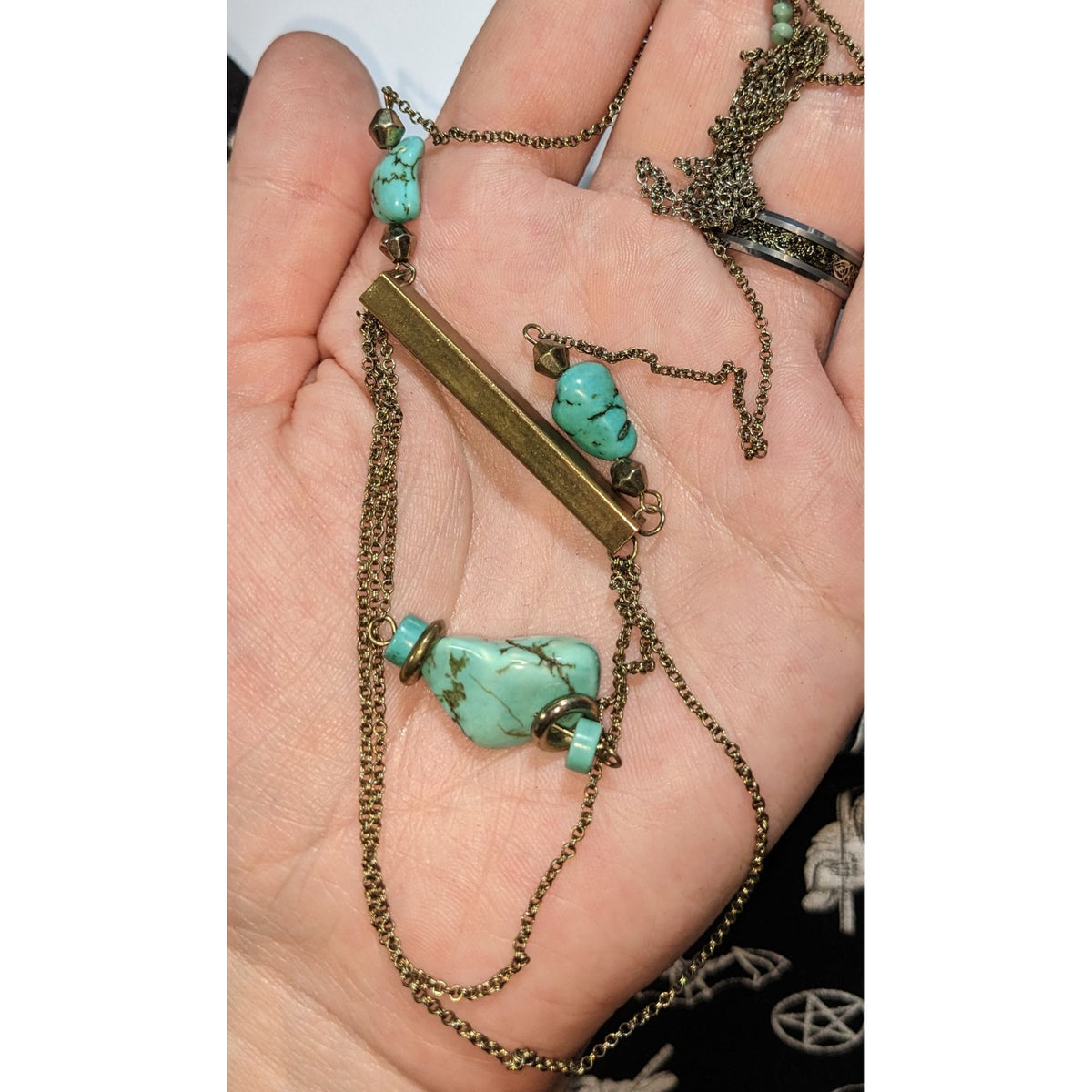 Handmade Boho Turquoise Style Stone Gold Tone Layered Bar Necklace 28 Inch