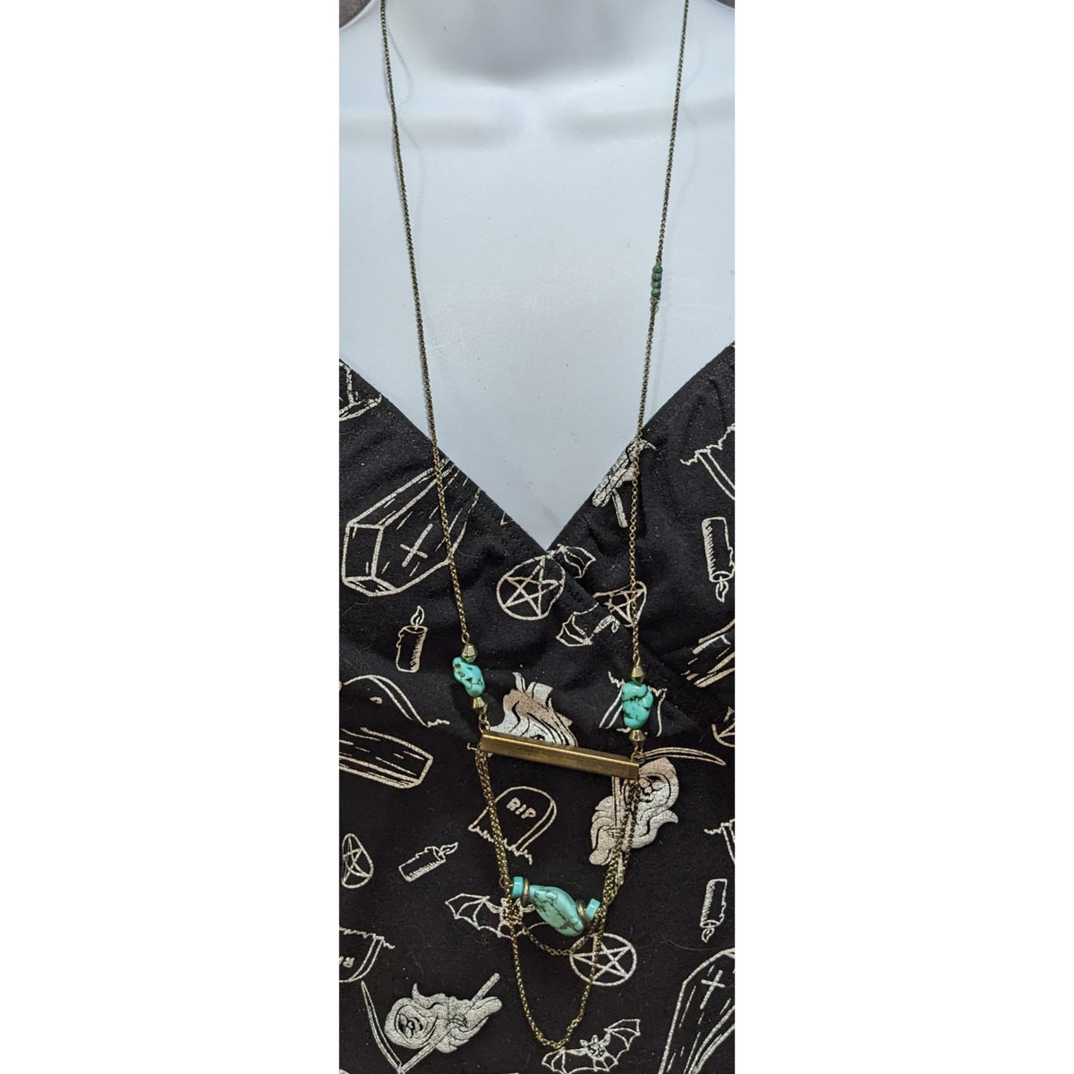 Handmade Boho Turquoise Style Stone Gold Tone Layered Bar Necklace 28 Inch