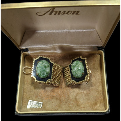 Vintage Anson Egyptian Revival Hand Carved Jade Scarab Cufflinks