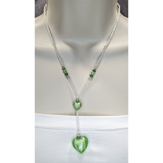 Handmade Coquette Green And White Glass Heart Y Drop Pendant Necklace