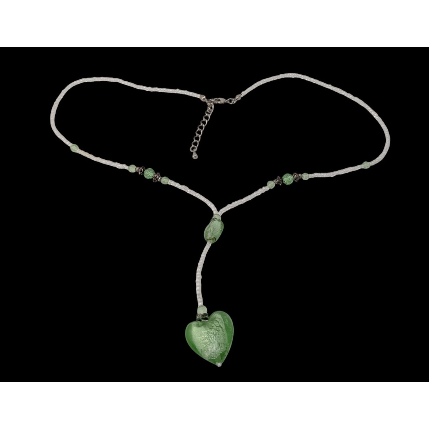Handmade Coquette Green And White Glass Heart Y Drop Pendant Necklace