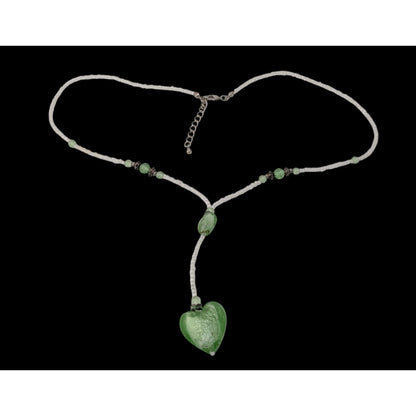 Handmade Coquette Green And White Glass Heart Y Drop Pendant Necklace