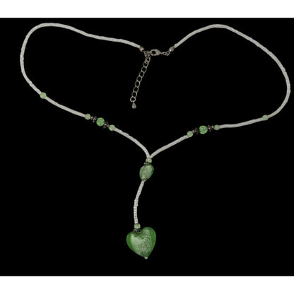 Handmade Coquette Green And White Glass Heart Y Drop Pendant Necklace