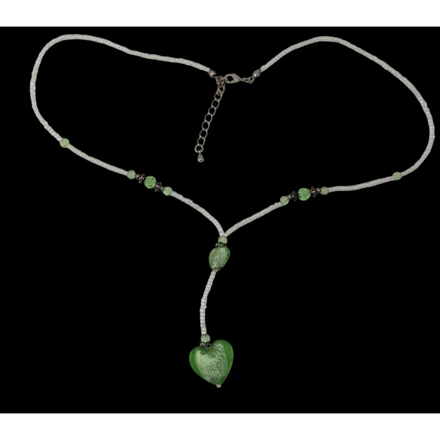 Handmade Coquette Green And White Glass Heart Y Drop Pendant Necklace