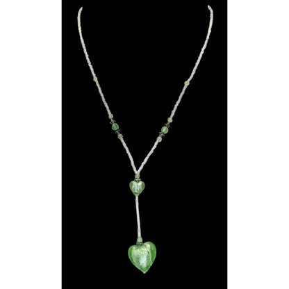 Handmade Coquette Green And White Glass Heart Y Drop Pendant Necklace