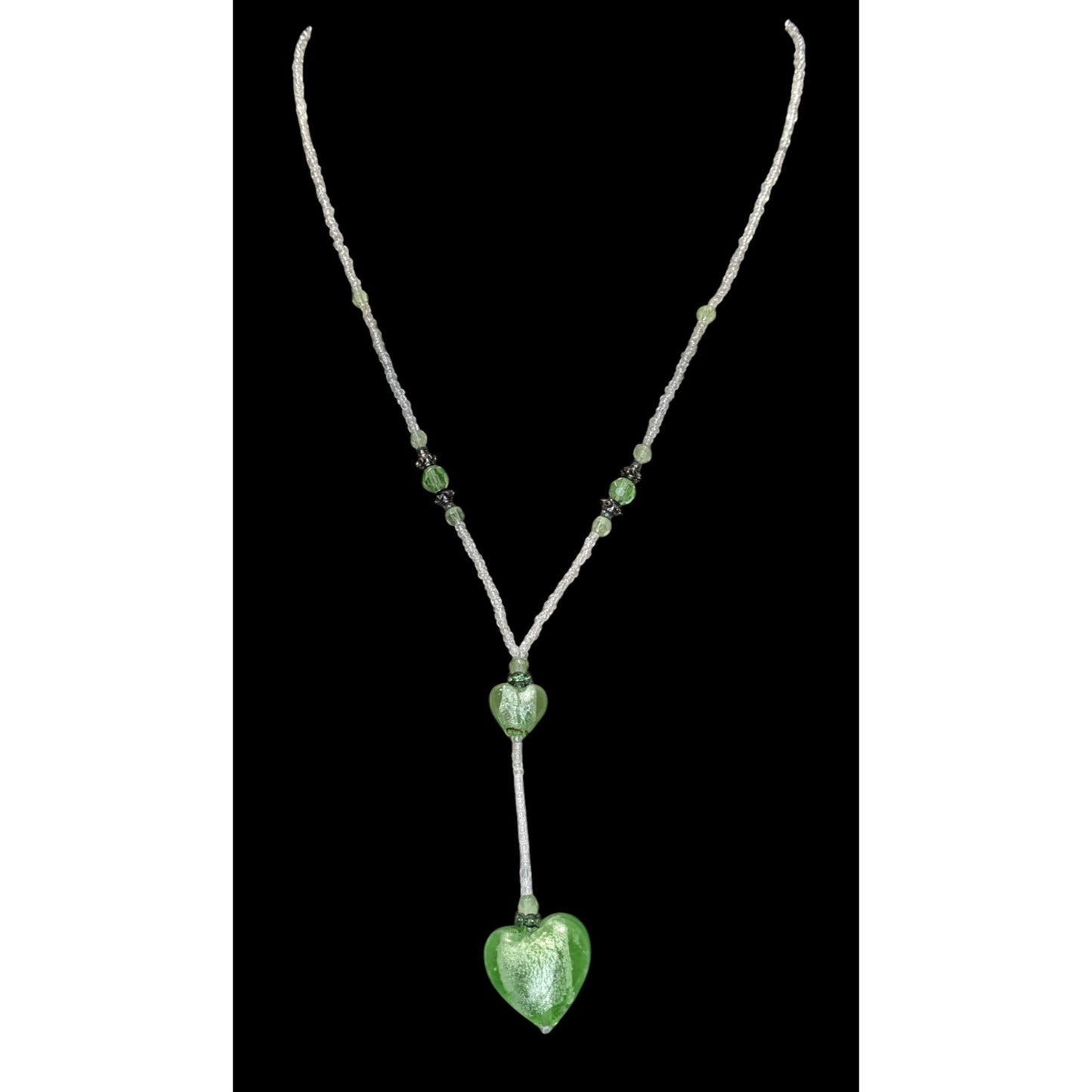 Handmade Coquette Green And White Glass Heart Y Drop Pendant Necklace