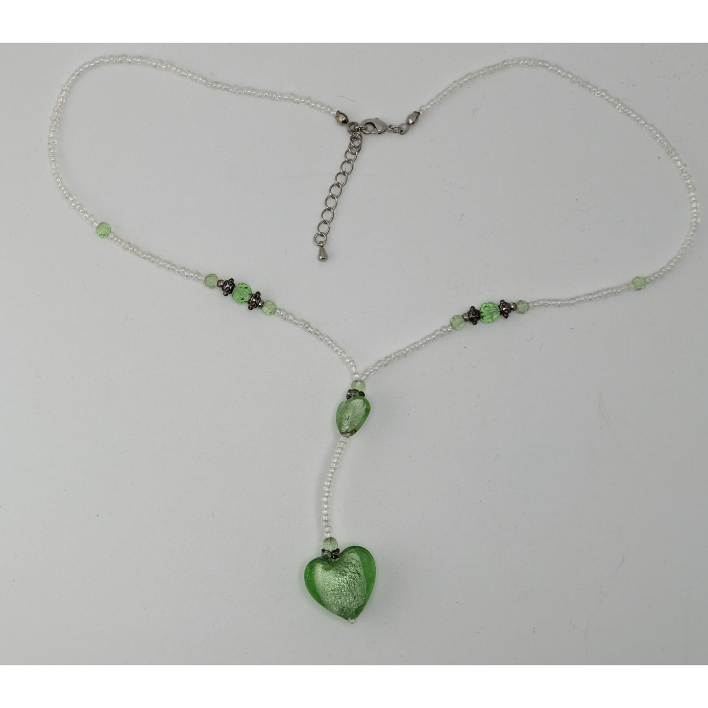 Handmade Coquette Green And White Glass Heart Y Drop Pendant Necklace