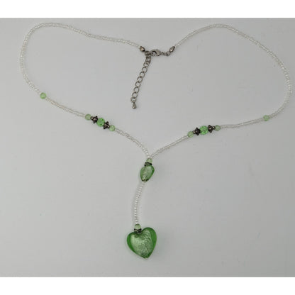 Handmade Coquette Green And White Glass Heart Y Drop Pendant Necklace
