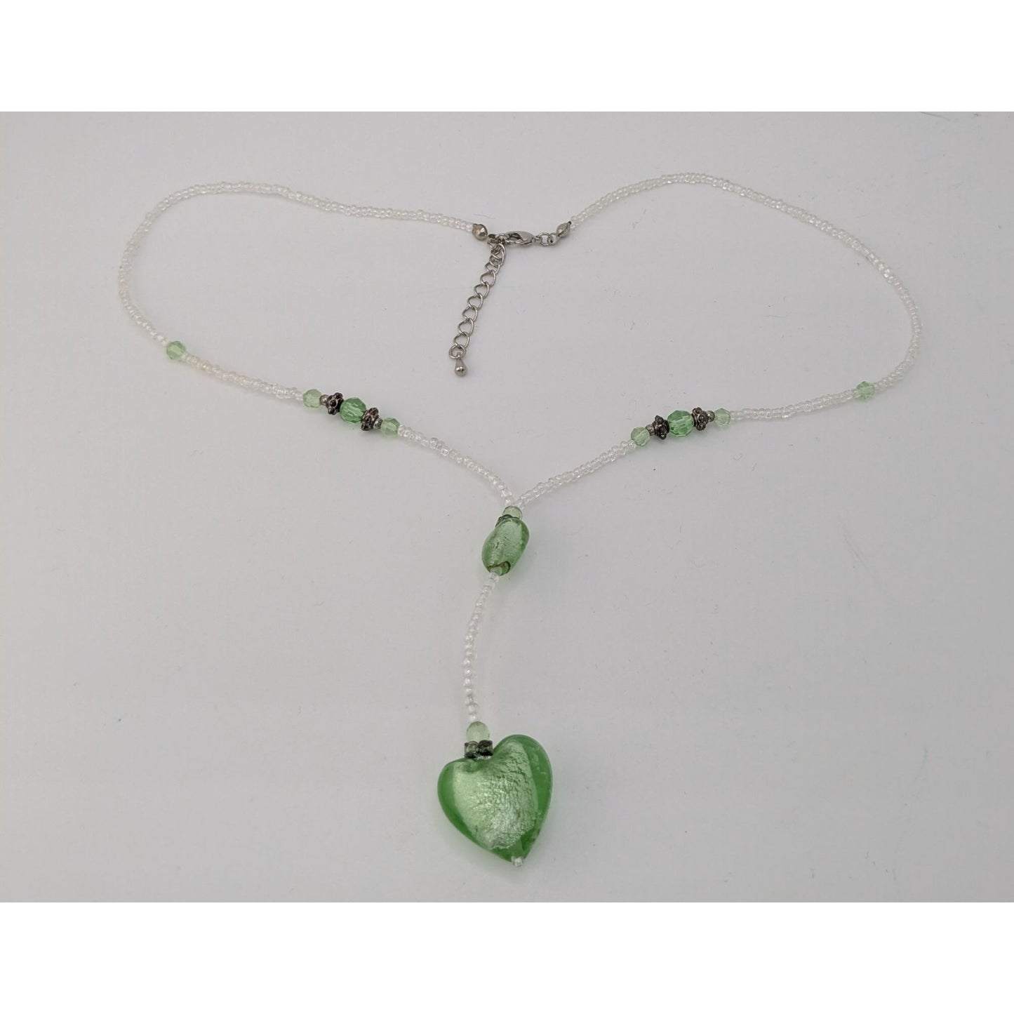 Handmade Coquette Green And White Glass Heart Y Drop Pendant Necklace