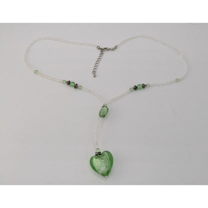 Handmade Coquette Green And White Glass Heart Y Drop Pendant Necklace