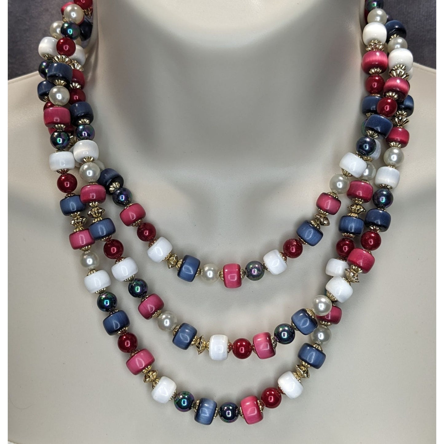 Retro Americana Vintage Japan Multi Strand Red White Blue Beaded Necklace