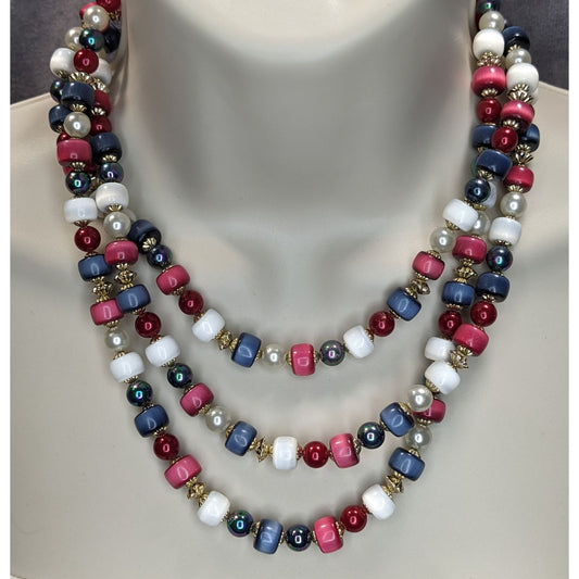 Retro Americana Vintage Japan Multi Strand Red White Blue Beaded Necklace