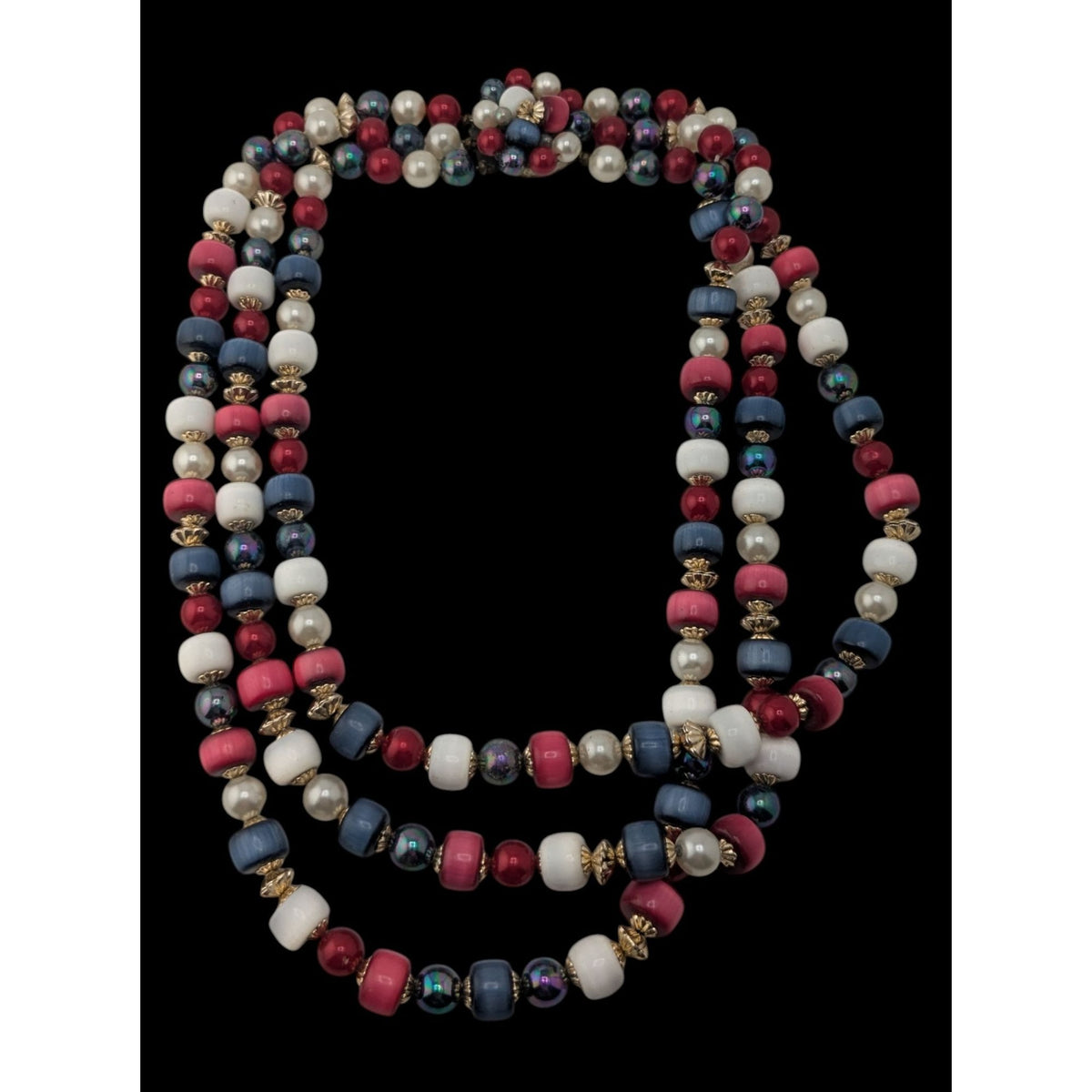 Retro Americana Vintage Japan Multi Strand Red White Blue Beaded Necklace