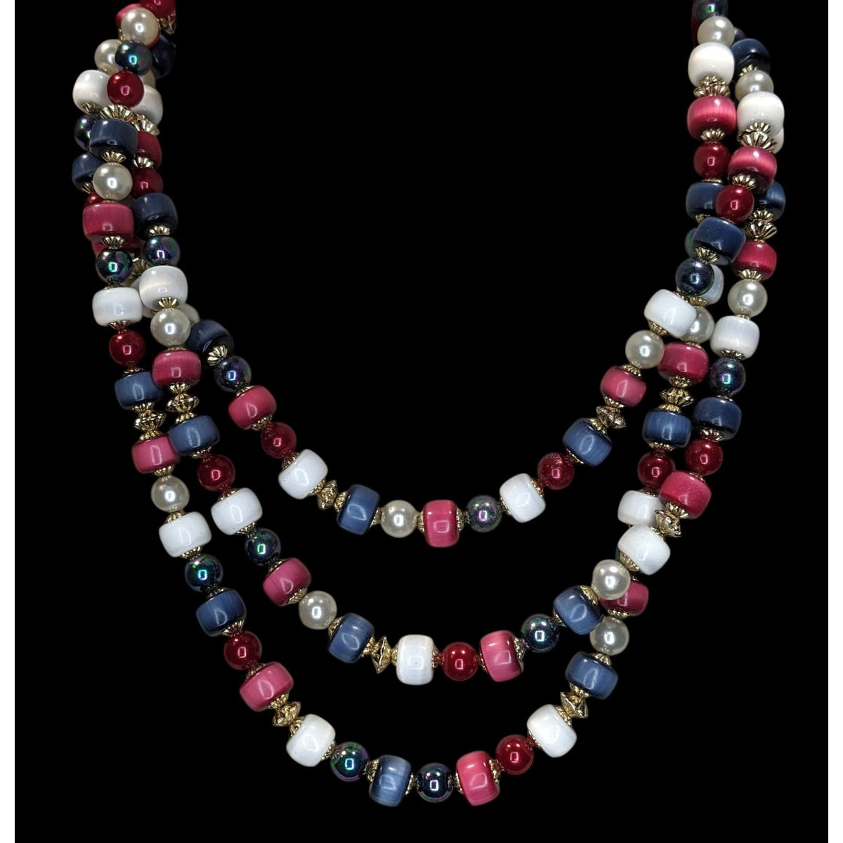 Retro Americana Vintage Japan Multi Strand Red White Blue Beaded Necklace