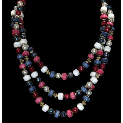 Retro Americana Vintage Japan Multi Strand Red White Blue Beaded Necklace